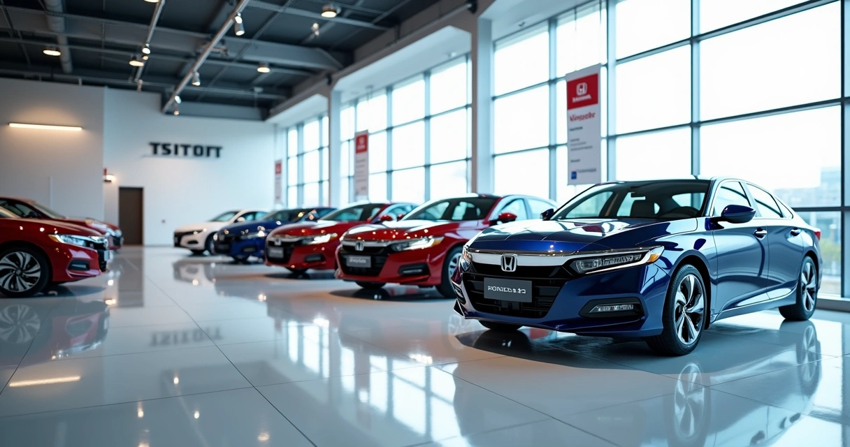 Carros Honda expostos em uma concessionária moderna com iluminação brilhante e vidro reflexivo 