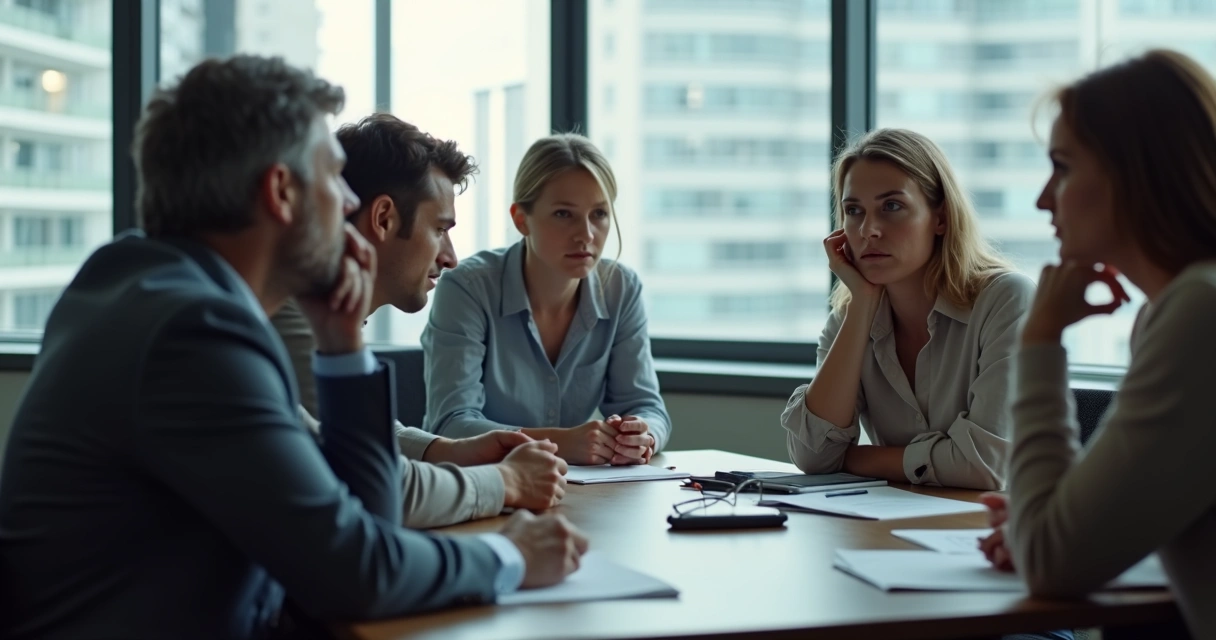 A group of people in a meeting sitting around a table looking uncertain and hesitant, with body language showing discomfort
