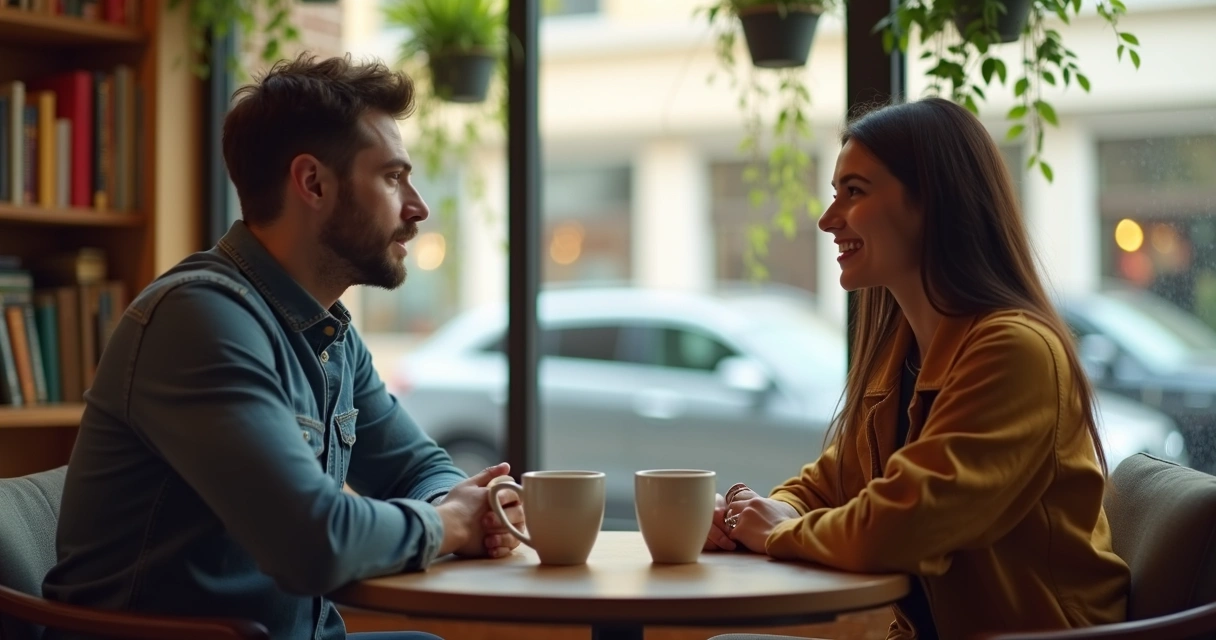 Two friends having an honest conversation at a coffee shop table 