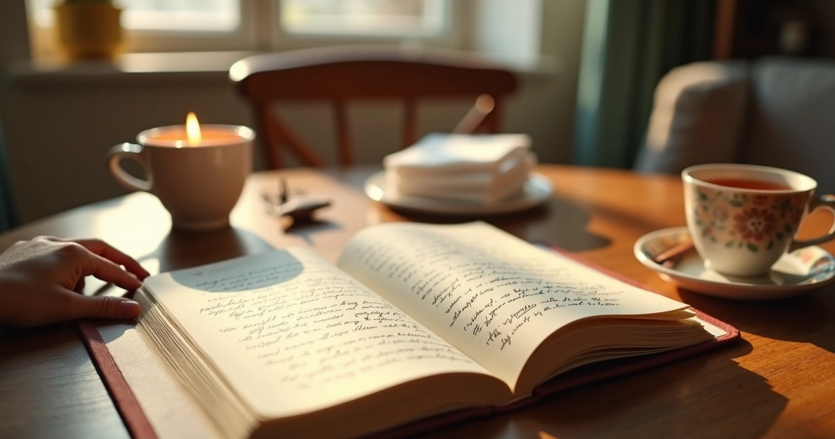 Open journal beside tea and tissues on a quiet table 