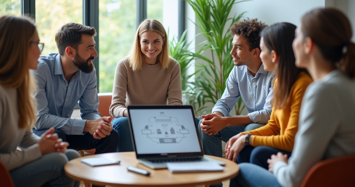 Diverse team in a circle sharing feedback in a calm modern office 