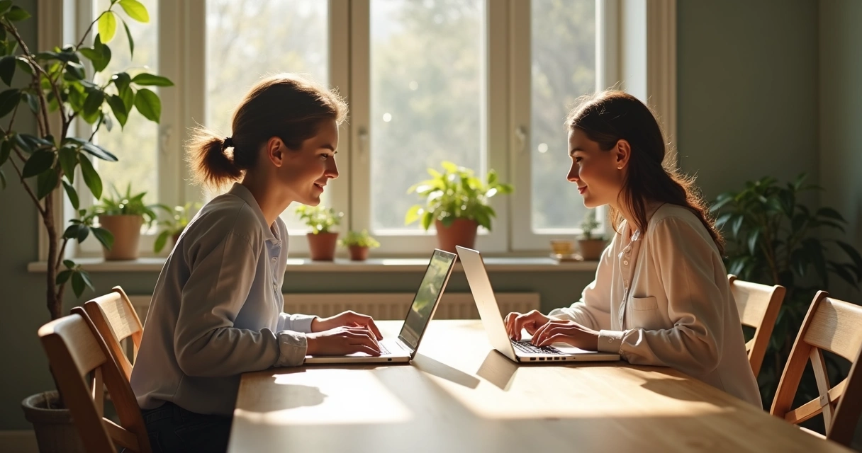 Two colleagues talking at a table with open laptops, both maintain calm body language 