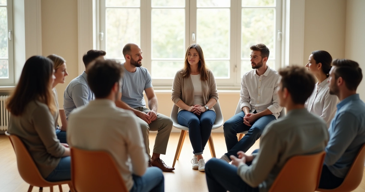 Group in a circle having an open and honest discussion 