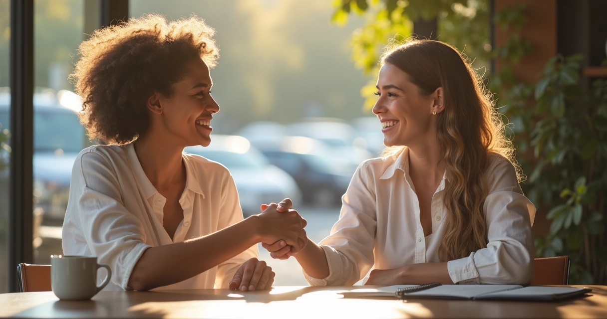 Handshake between two people in open conversation 