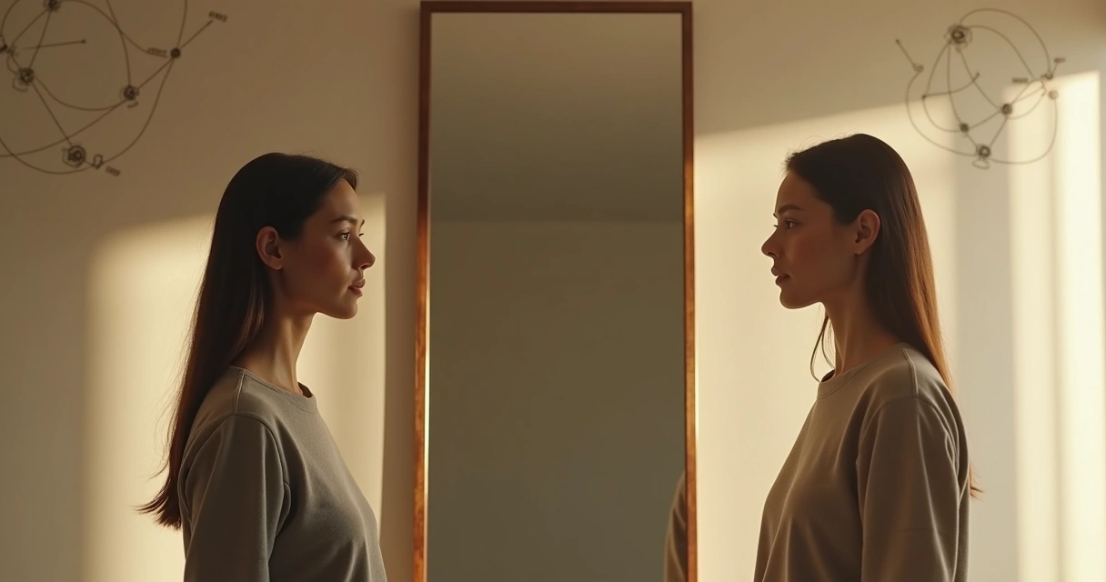 Persona frente a un espejo con su reflejo transparente y honesto 