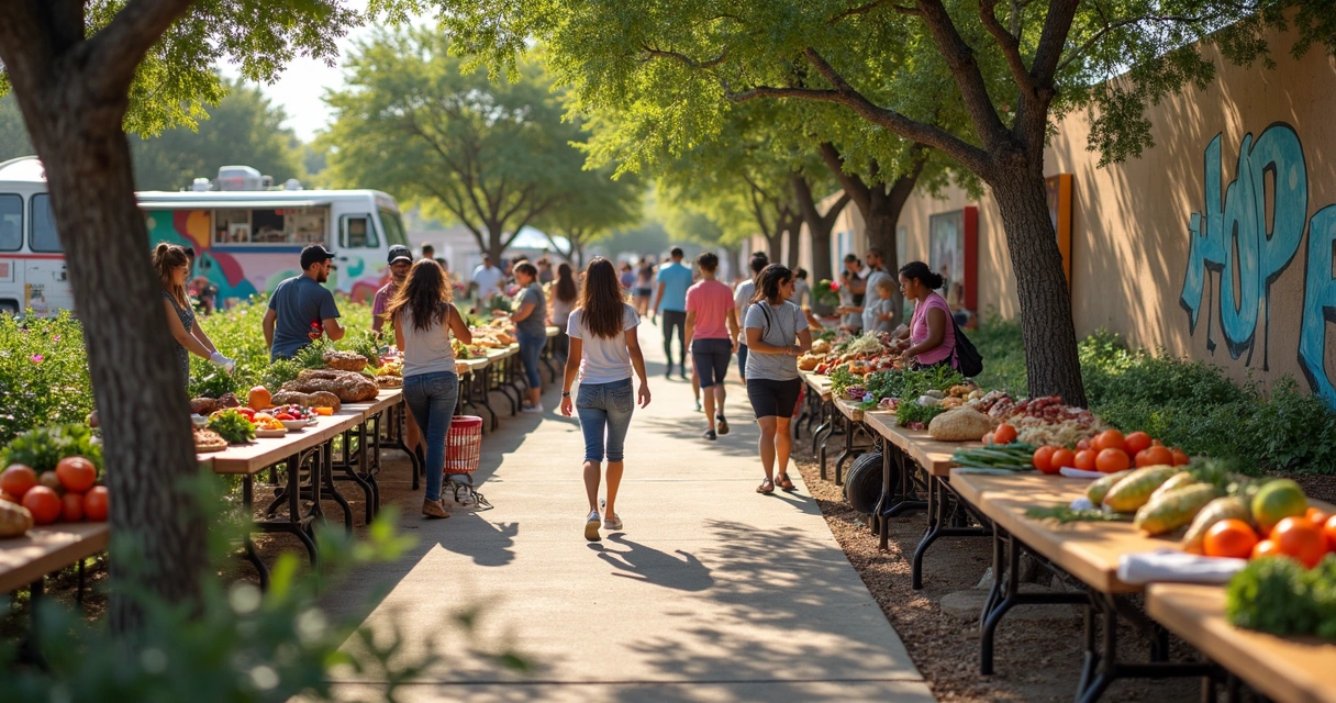 Neighbors gathering at HOPE Farmers Market, Austin