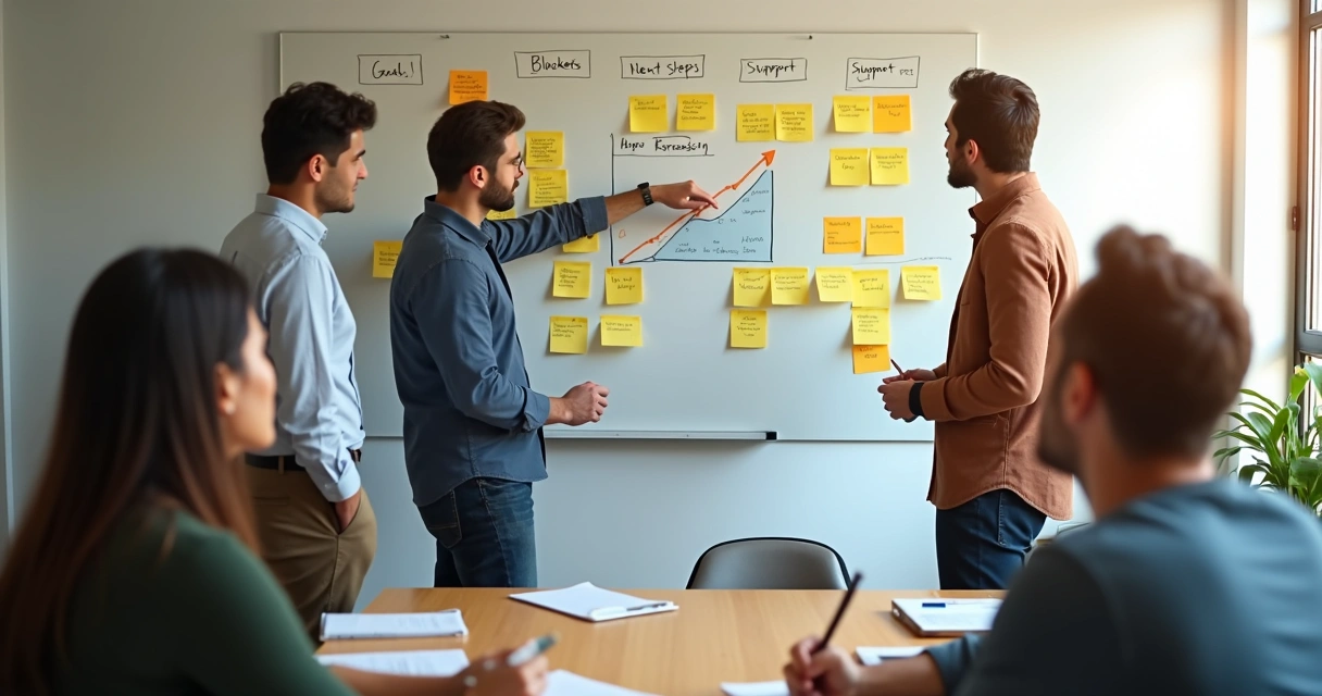 Team in retrospective meeting with sticky notes on wall