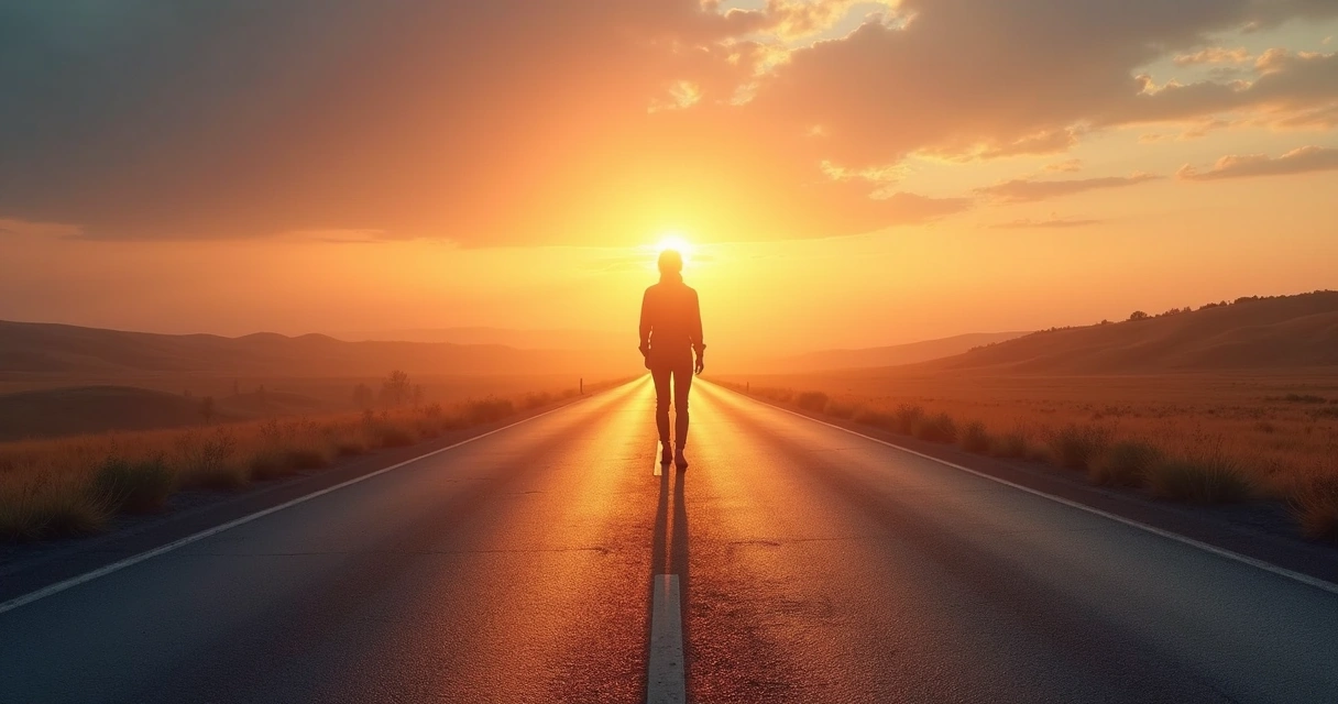 Person standing on a long road with a bright horizon. 