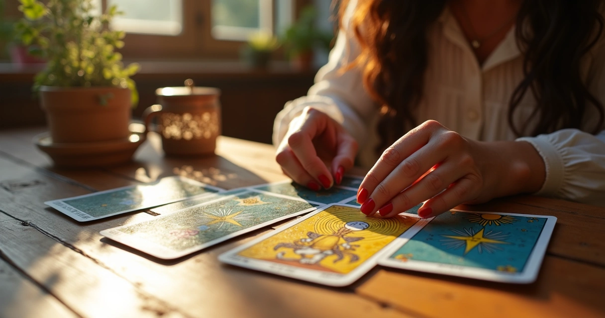 Tarot reader smiling at positive Star card in a reading spread 
