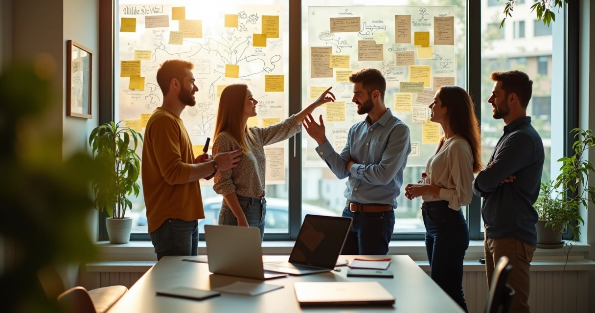 Team brainstorming with ideas on glass wall