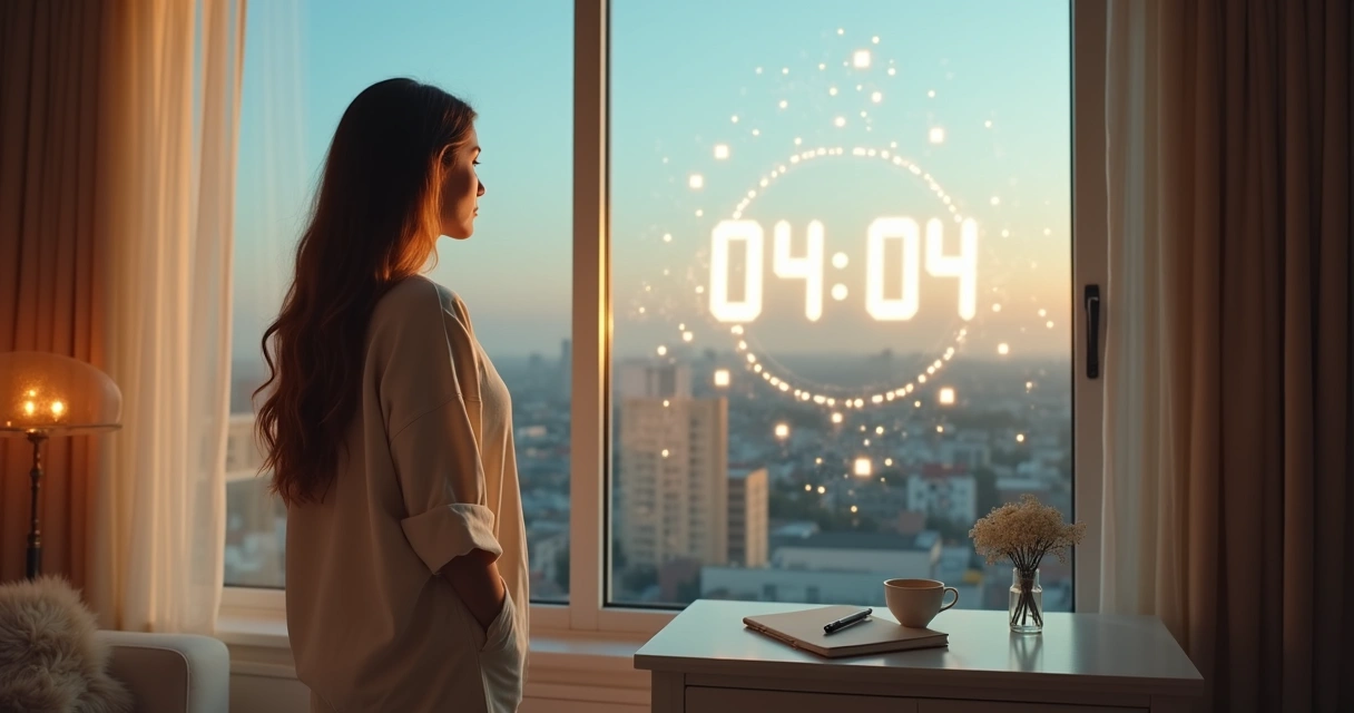 Mulher observando 04:04 em relógio digital projetado na janela ao amanhecer 