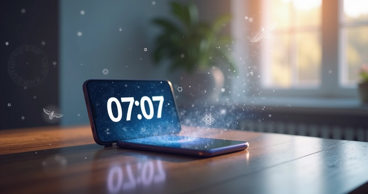 Relógio digital marcando 07:07 com símbolos espirituais e de numerologia ao fundo 