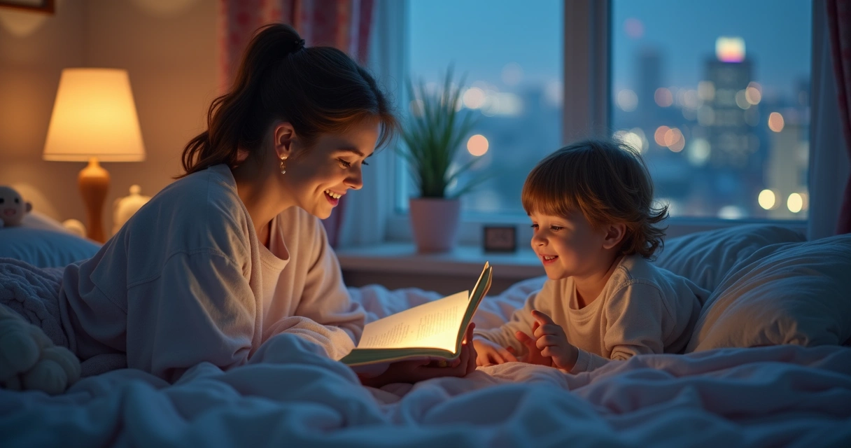 Mãe lê história para criança em cama aconchegante 