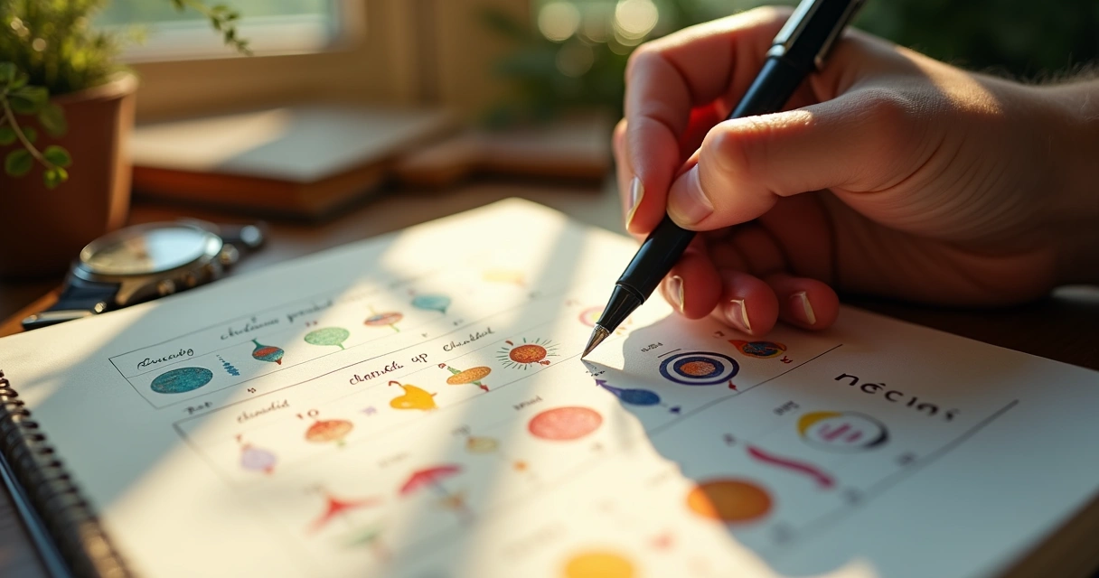 Mão consultando tabela de horas planetárias em caderno 
