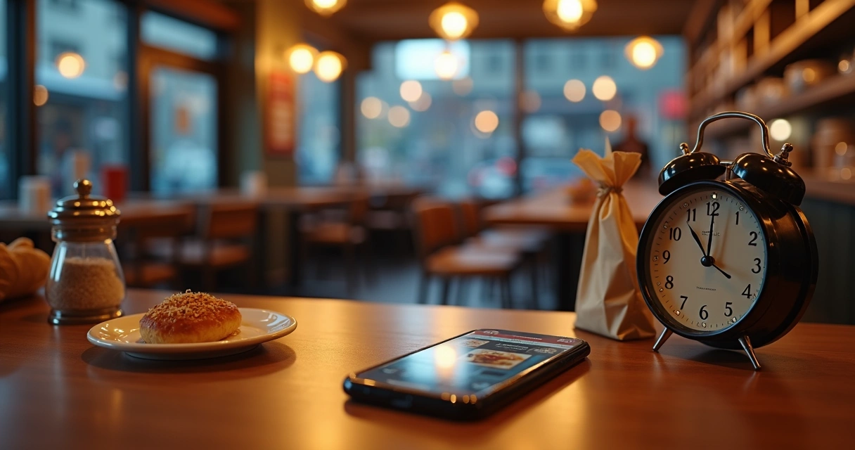 Smartphone com app de delivery apagado ao lado de relógio marcando horário ocioso 