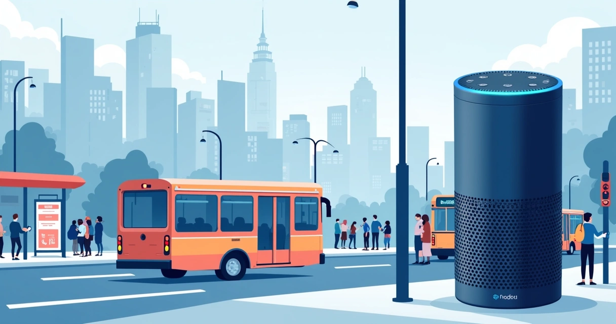 Ilustração corporativa plana de um dispositivo Alexa exibindo horários de ônibus urbanos em uma tela digital, com fundo de cidade estilizada, ônibus circulando e indicadores de trânsito e filas de esp