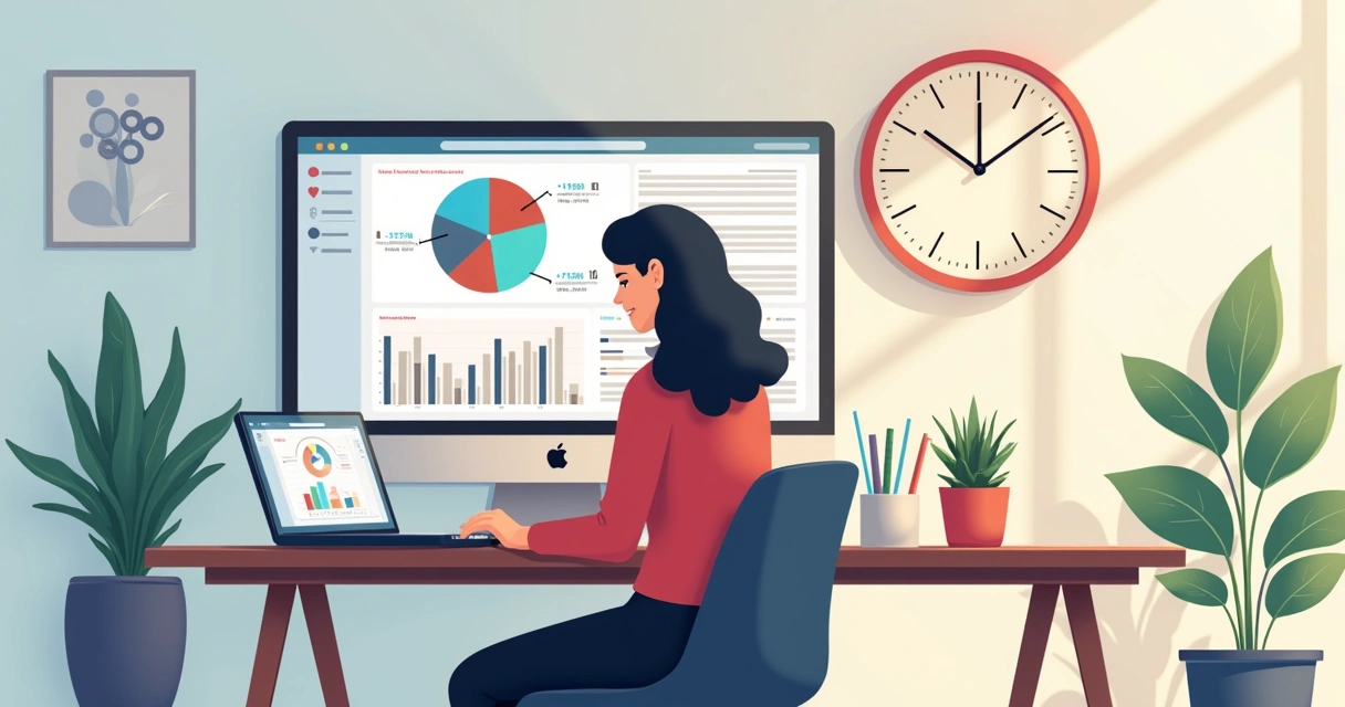 Pessoa analisando gráfico de engajamento do TikTok em notebook, com relógio digital ao fundo 