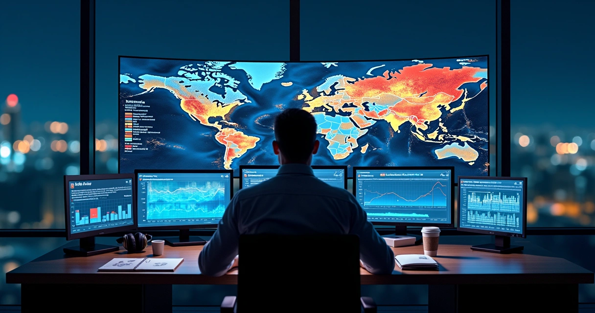 Gestor de delivery olhando mapa de calor de pedidos em tela gigante à noite 