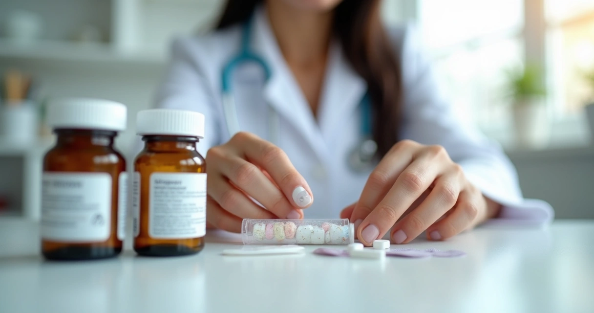 Comprimidos e gel de hormônios bioidênticos em frascos modernos sobre fundo claro 