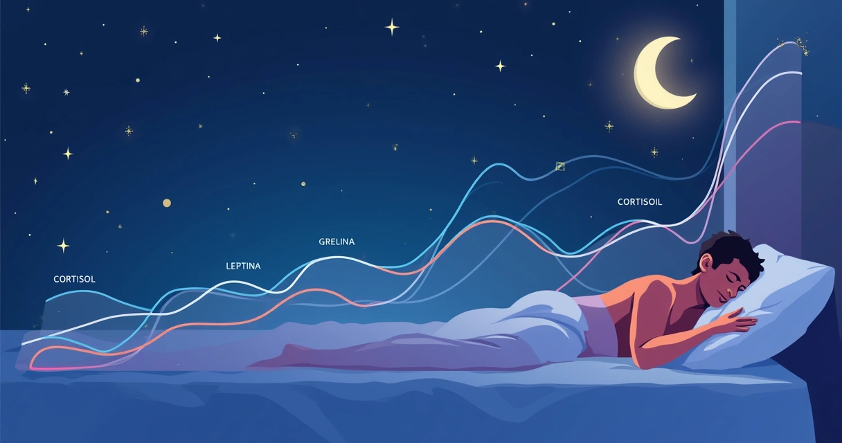 Gráfico mostrando como os hormônios grelina, leptina e cortisol variam durante uma noite de sono de qualidade 