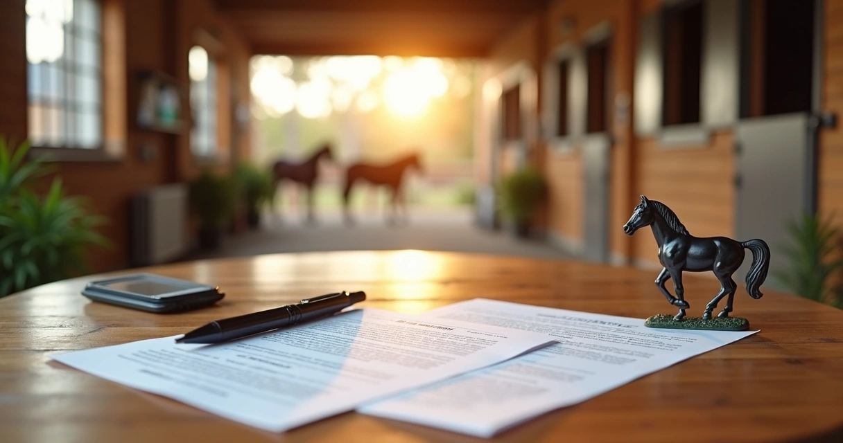 Documents and contracts on a wooden table with a pen and a horse figurine, horse stable background 