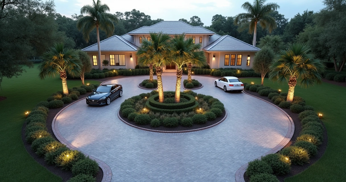 Circular horseshoe driveway with paver border and landscaping, Orlando 