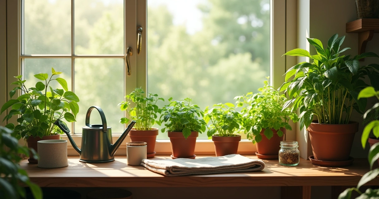 Pequena horta doméstica perto da janela com luz natural