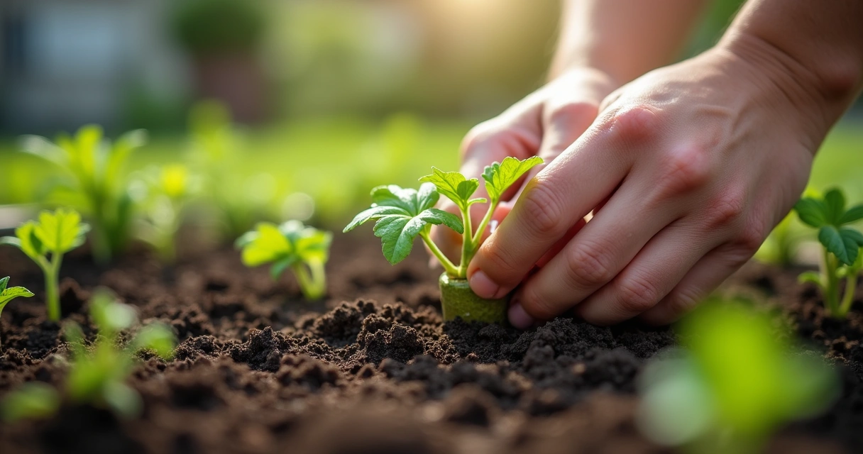 Mãos plantando mudas em horta caseira 