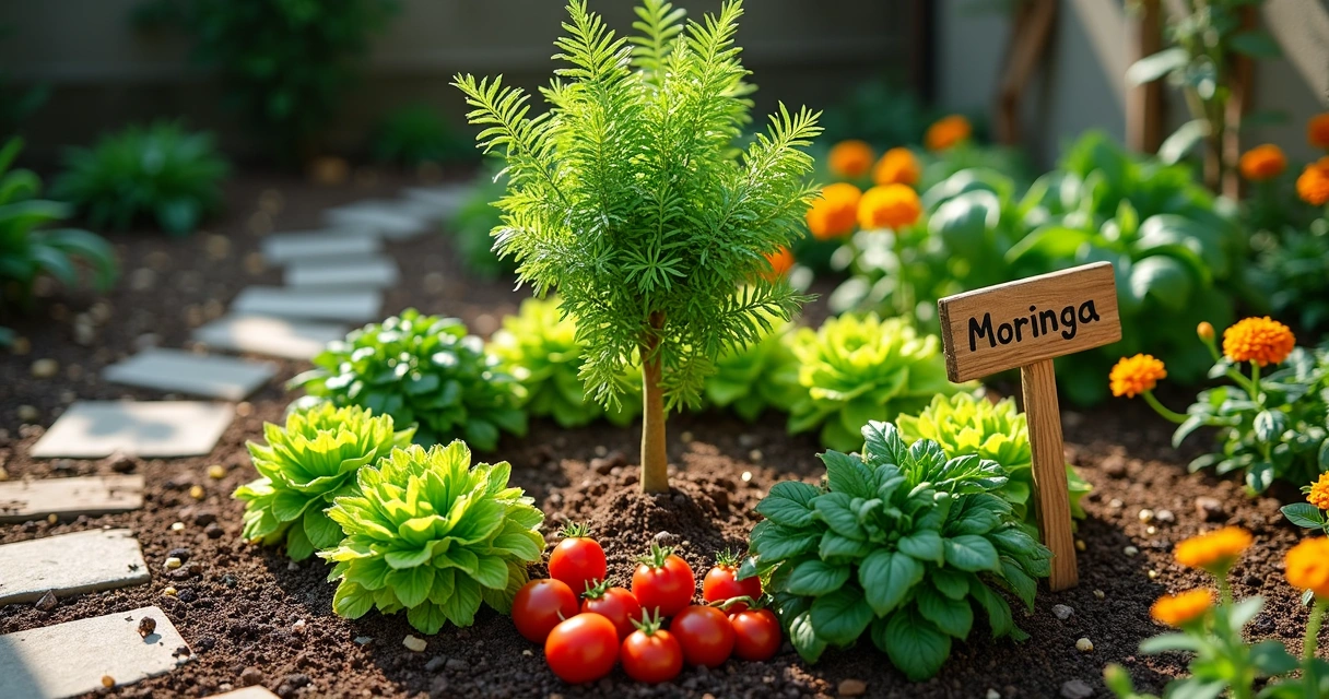 Horta caseira com moringa crescendo entre legumes variados vista de cima 
