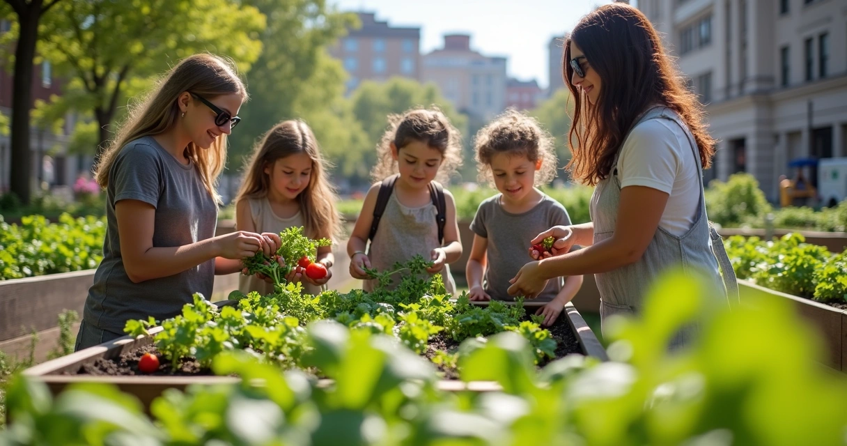 Colheita em horta comunitária urbana 
