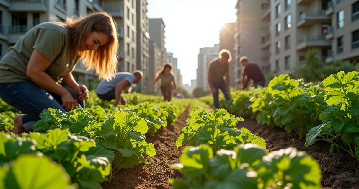 Horta urbana comunitária com pessoas colhendo vegetais entre edifícios