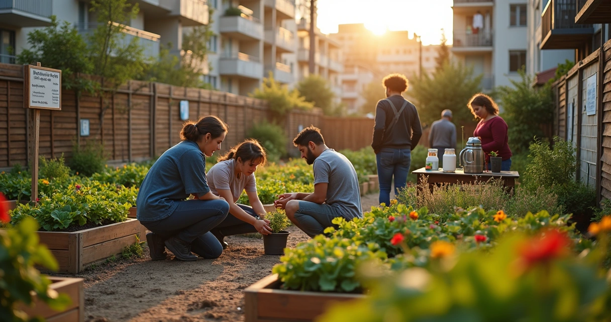Vizinhos cuidando juntos de uma horta comunitária urbana em fim de tarde 