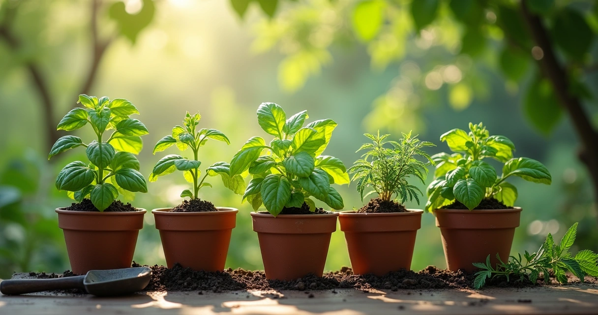 Horta de ervas para rituais em vasos de barro 
