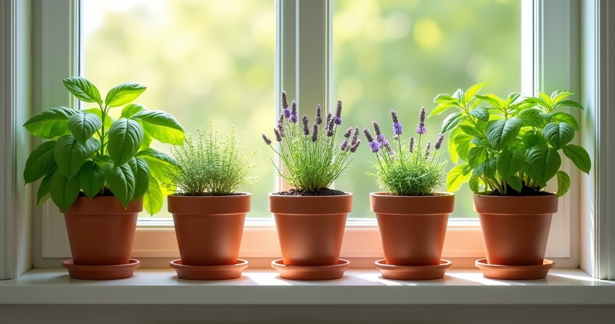 Vasos pequenos com ervas em uma janela ensolarada 