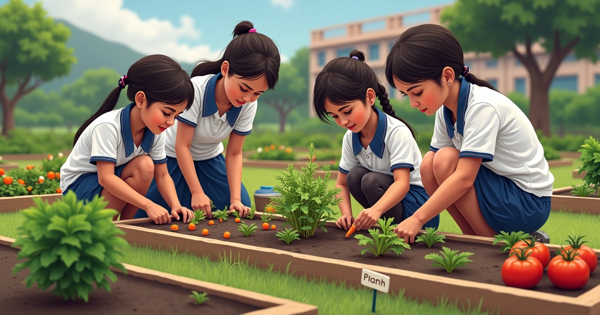 Alunos plantando e cuidando da horta escolar. 