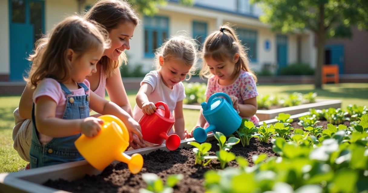 Crianças cuidando de horta escolar