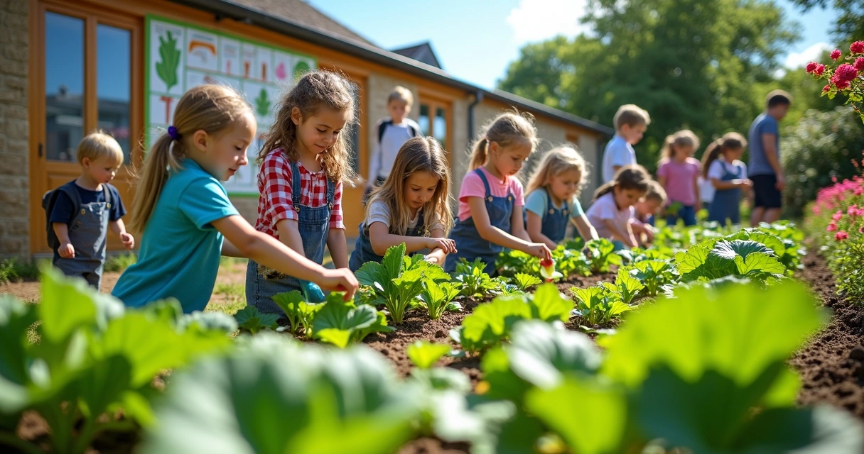 Crianças cuidando de horta escolar 
