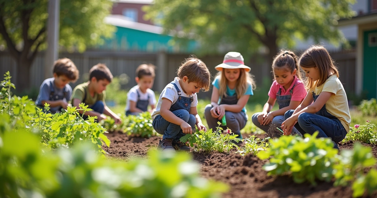 Crianças regando plantas em uma horta escolar 