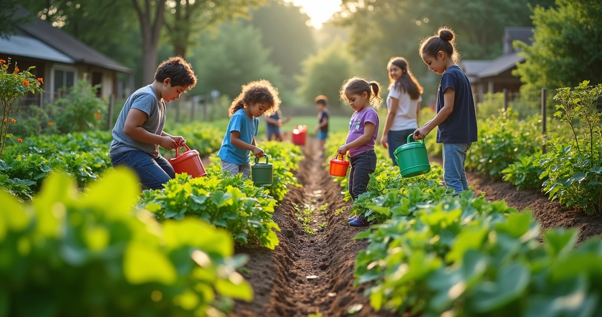 Crianças cuidando de uma horta coletiva com adultos supervisionando ao fundo 