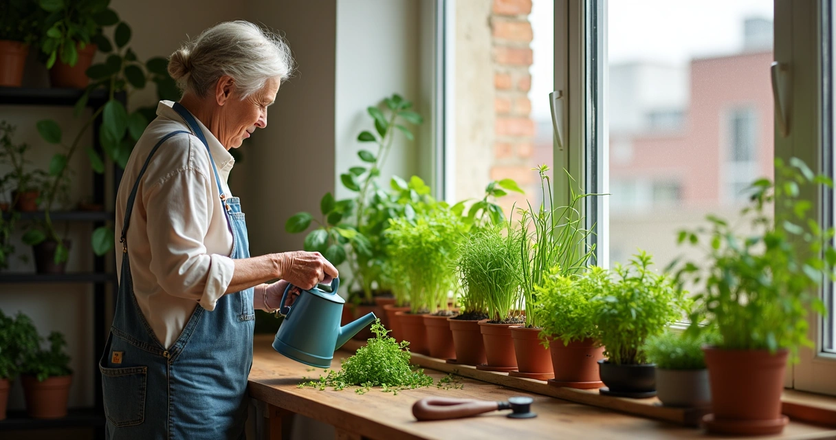 Pessoa regando horta orgânica em apartamento com plantas em vasos na janela 