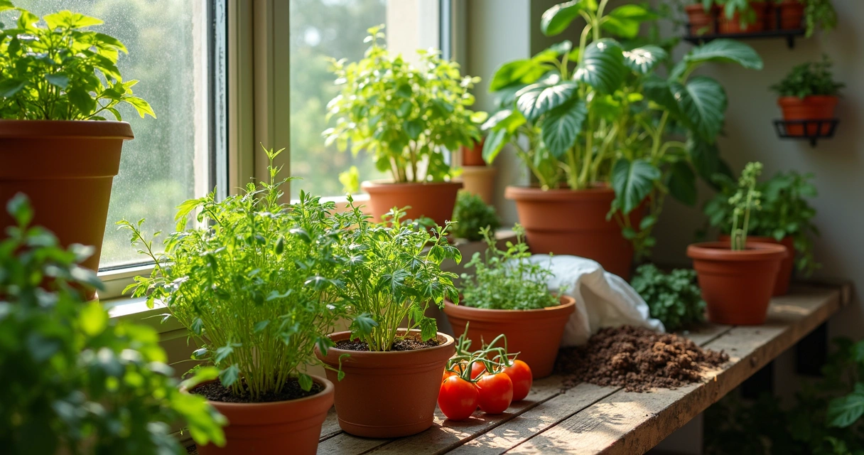 Horta orgânica montada em varanda pequena com vasos de diferentes tamanhos e plantas diversas 