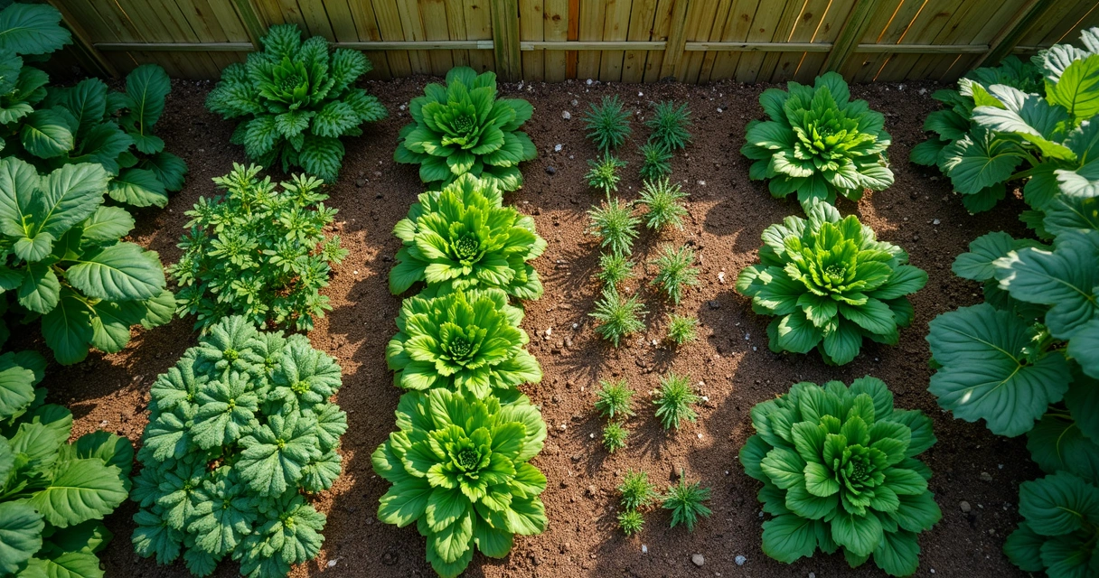 Horta orgânica com variedade de legumes, plantas viçosas e solo coberto 