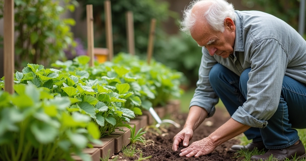 Pessoa idosa cuidando de uma horta na terceira idade 