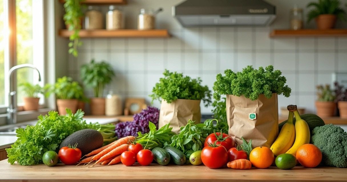 Balcão de cozinha com verduras e frutas orgânicas variadas 