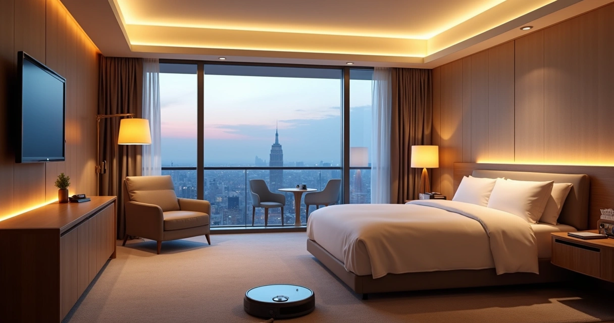 Quarto de hospedagem moderna com automação, luz suave e robô de limpeza 