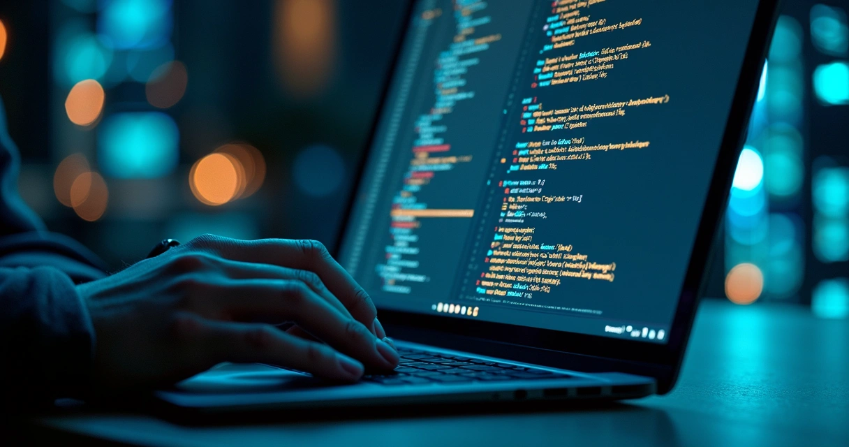 Mãos configurando domínio em laptop com servidores e códigos no fundo 