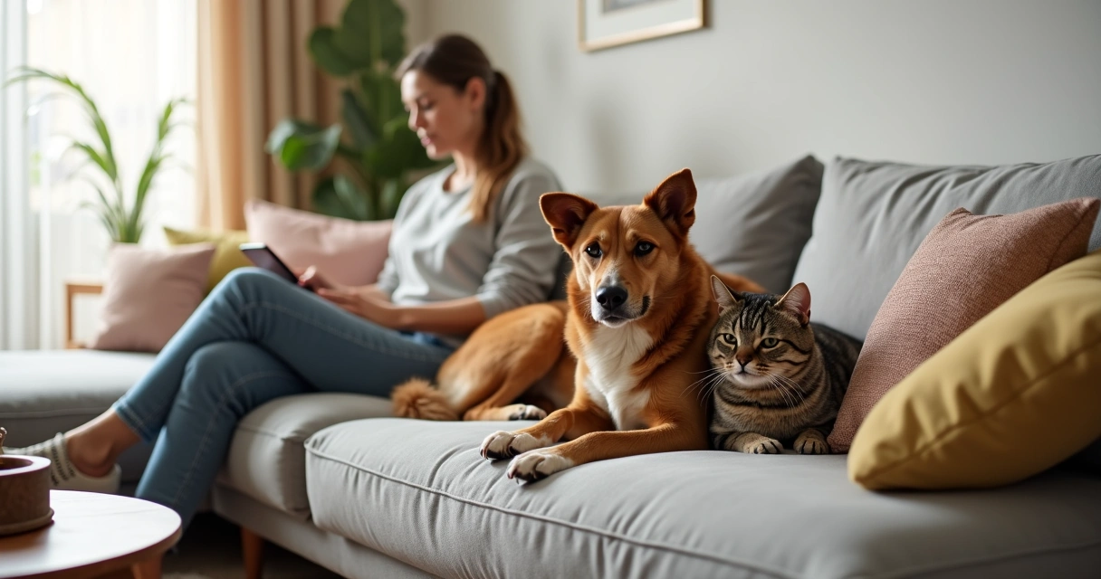 Cão e gato relaxados no sofá de uma casa acolhedora com petsitter ao lado 