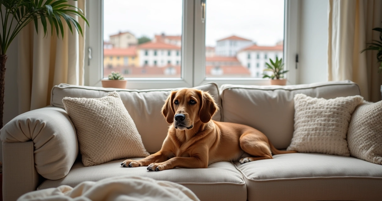 Cão relaxa num sofá numa casa familiar em Porto 