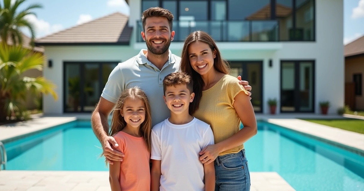 Família em frente a uma casa de temporada com piscina em Orlando 