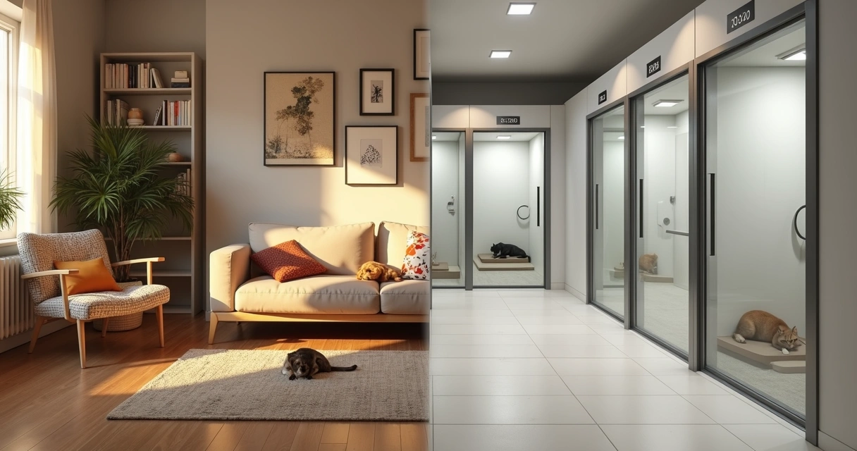 Cão relaxado num sofá de casa ao lado de um quarto de hotel para animais 